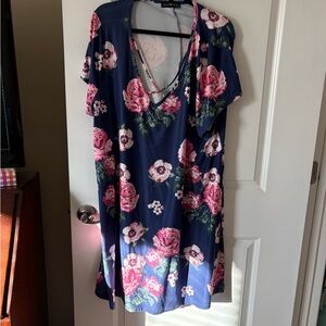 Navy Floral V-Neck Dress with Pink Roses
